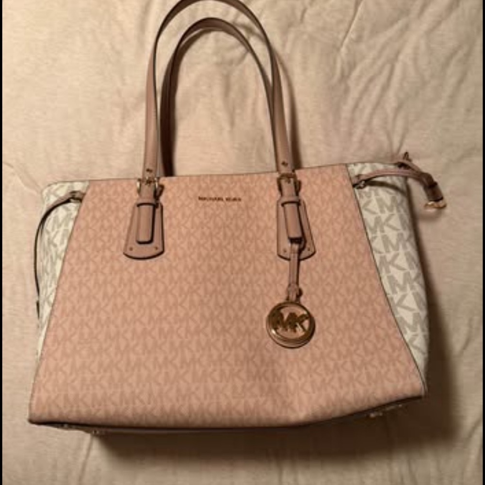 Michael Kors Pink and White Logo Tote with Gold Charm